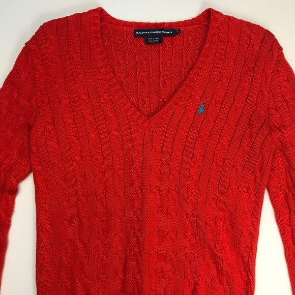 Ralph Lauren Sweaters - RALPH LAUREN SPORT Orange Cotton Medium V-Neck Cable Knit Sweater